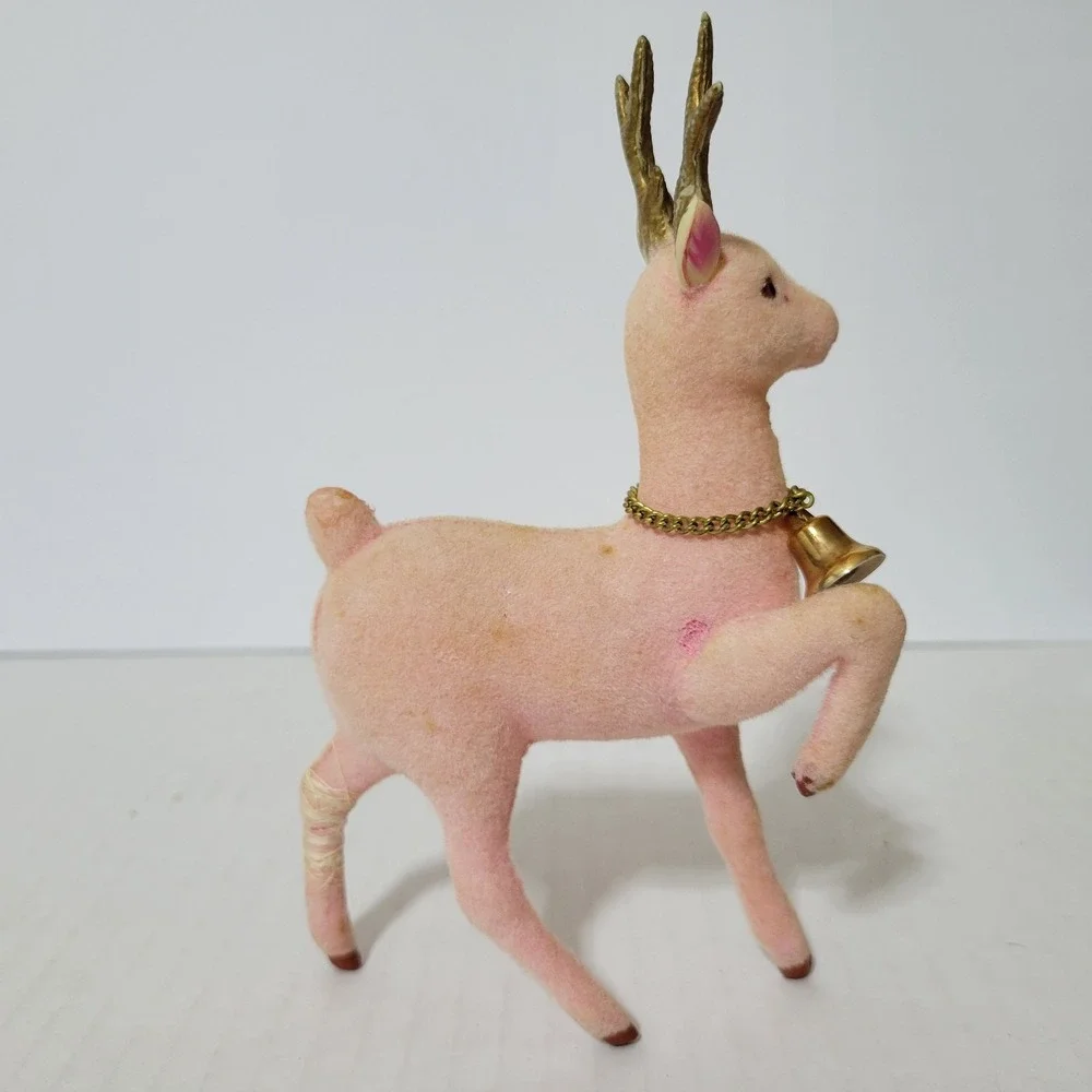 Vtg‎ Flocked Pink Reindeer Deer Lot of 2 Christmas MCM Fuzzy Kitschy 6.5